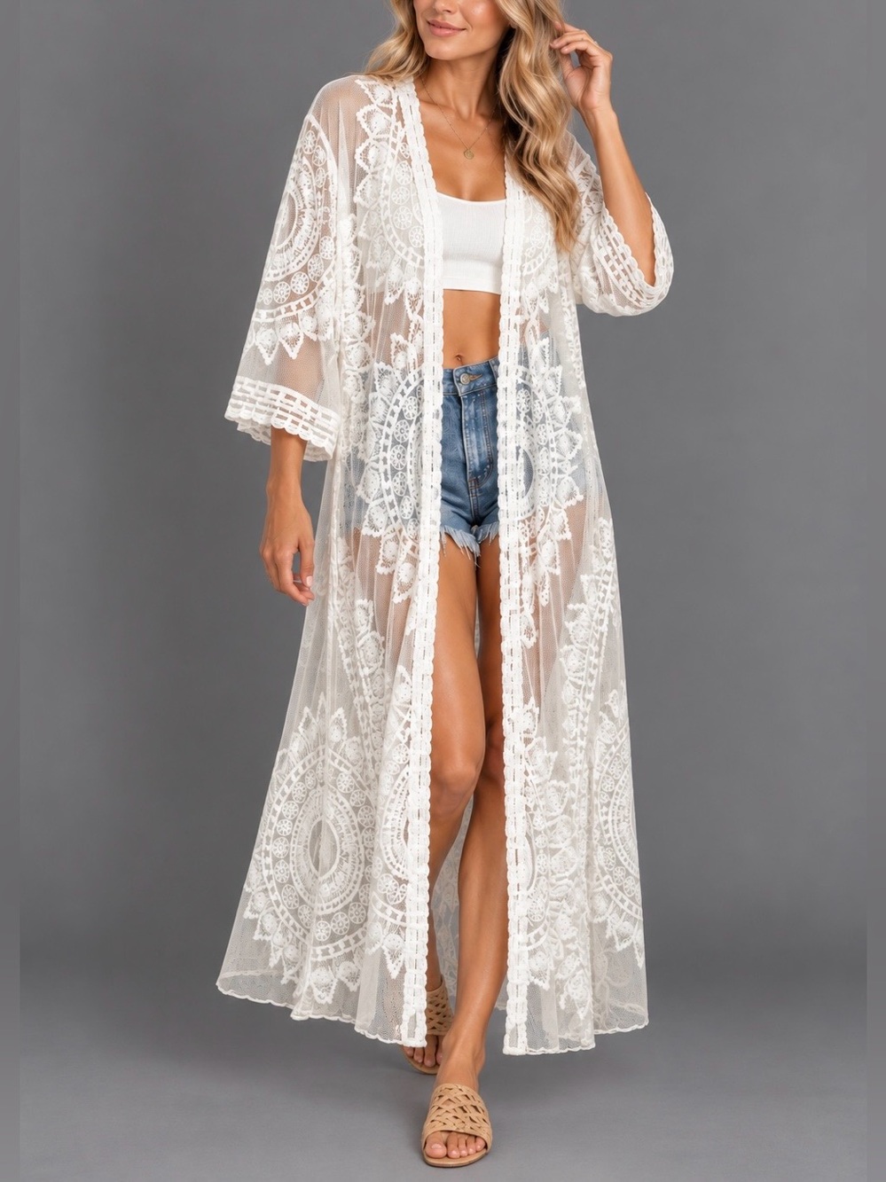 Rachel Zoe White Embroidered Lace Mesh Kimono Duster Sheer Boho Cover Up OS